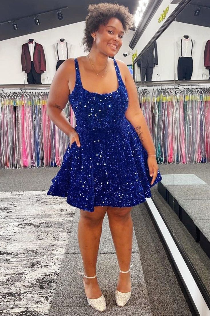 A-Line Square Neck Sequin Short Party Dress Homecoming Dress fg6455 - VelvetHem