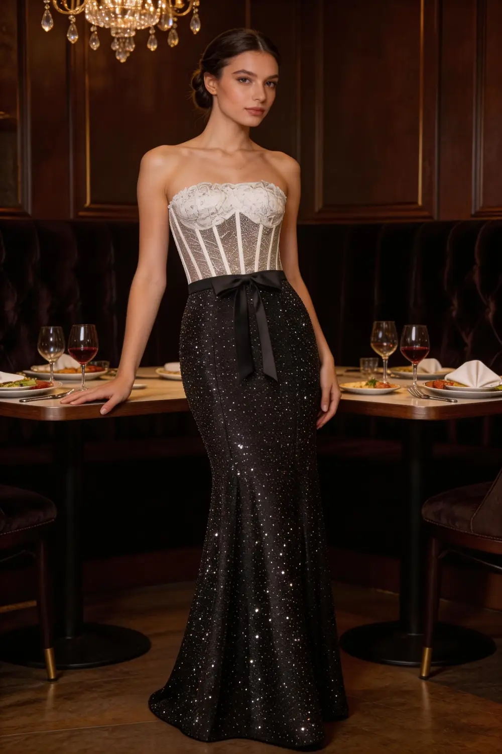 White Lace Corset Strapless Mermaid Prom Dress With Black Satin Bow (ZD17141) - VelvetHem