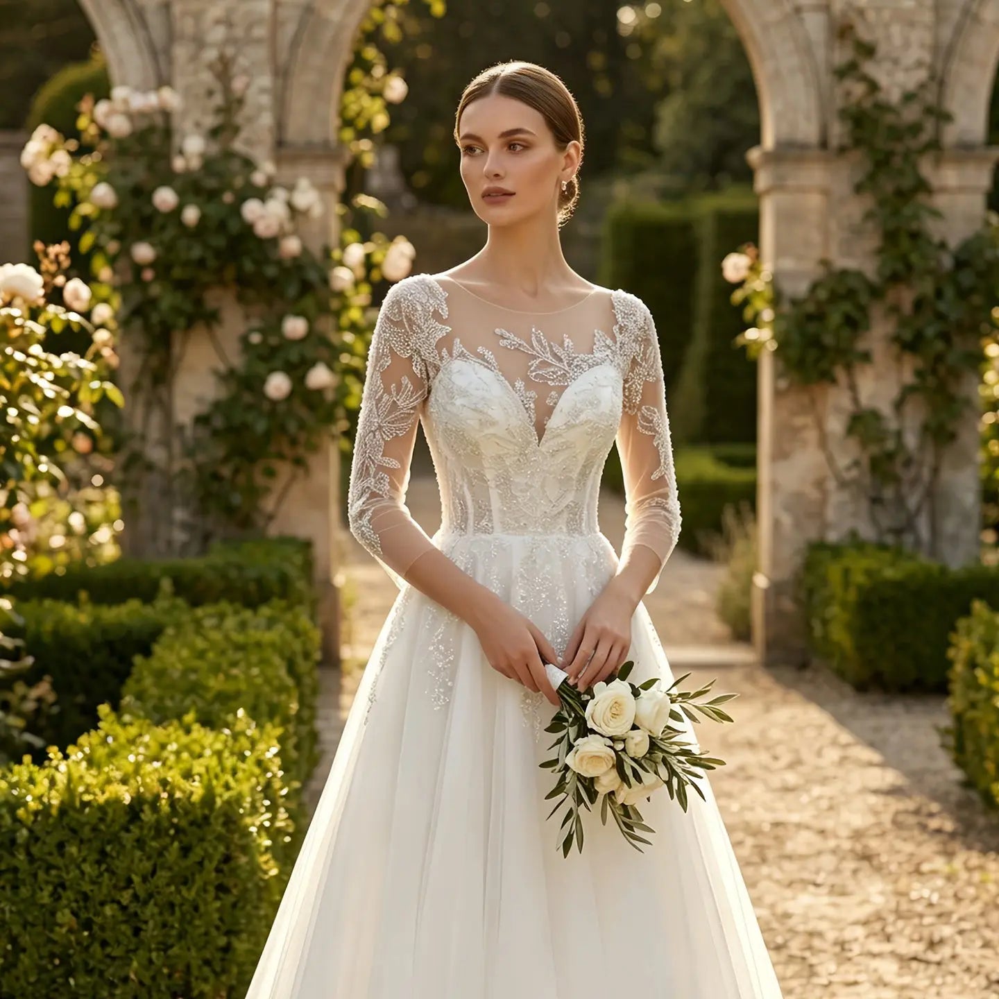 Glamorous White Illusion Neck Lace & Tulle Wedding Dress with Cathedral Train ZP063