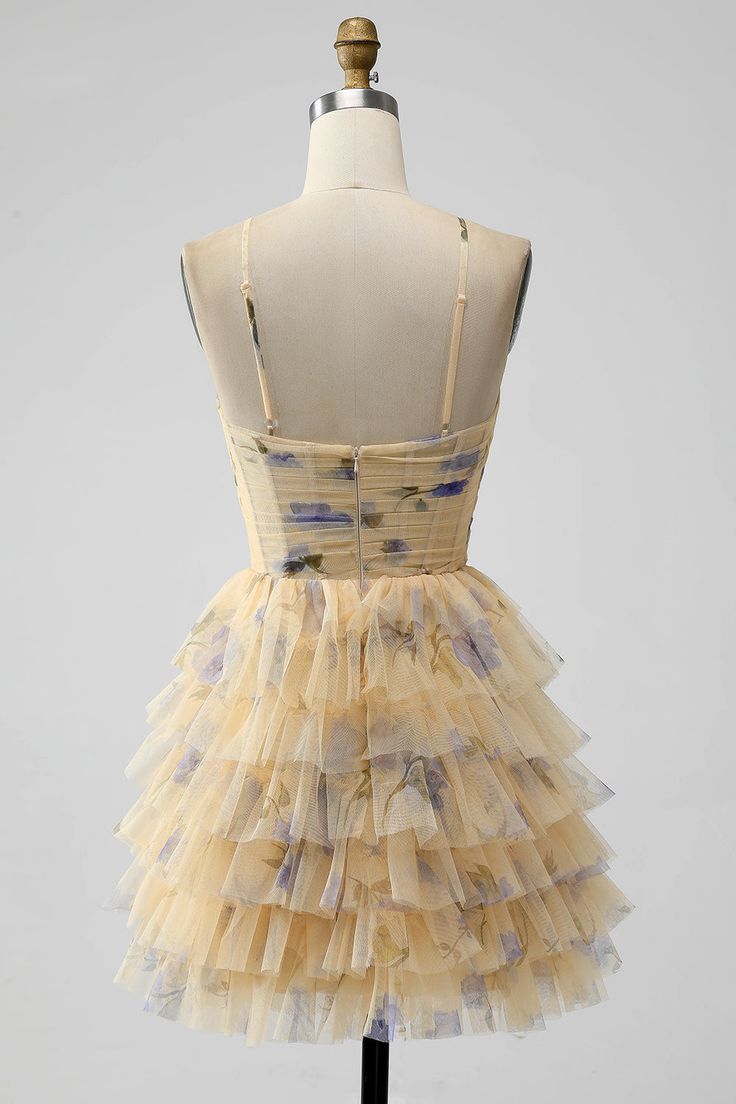 Yellow Print Keyhole Ruffle Tiered Short Homecoming Dress - View 2 | VelvetHem