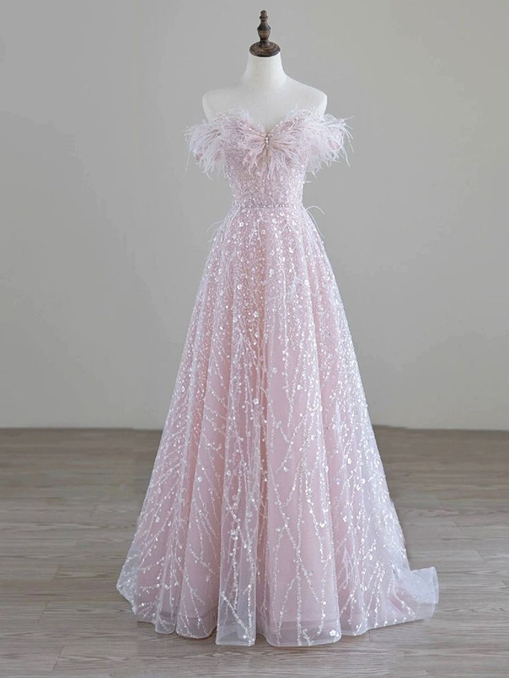 Sparkling Tulle Sequin Long Prom Dress, Off the Shoulder Evening Party Dress - VelvetHem