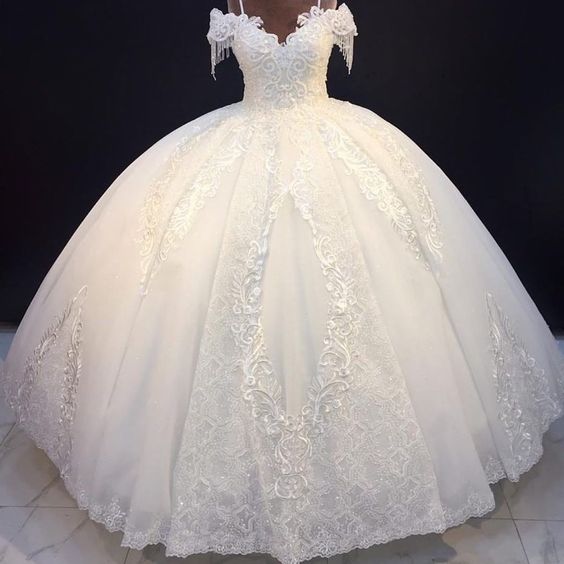 Gorgeous White V Neck Wedding Dress Beaded Appliques Spaghetti Strap Floor Length Off The Shoulder Wedding Dress - VelvetHem