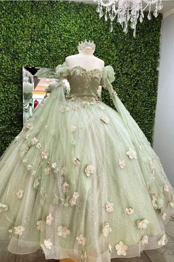 Shiny Light Sage Green Princess Dress with Flowers, Ball Gown Sweet 16 Dress fg6485 - VelvetHem