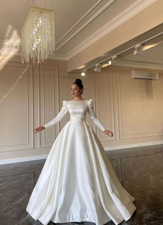 Simple wedding dress with sleeves, satin ball gown fg6430 - VelvetHem