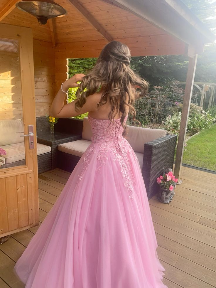 A Line Strapless Evening Gowns, Pink Long Prom Dress - VelvetHem