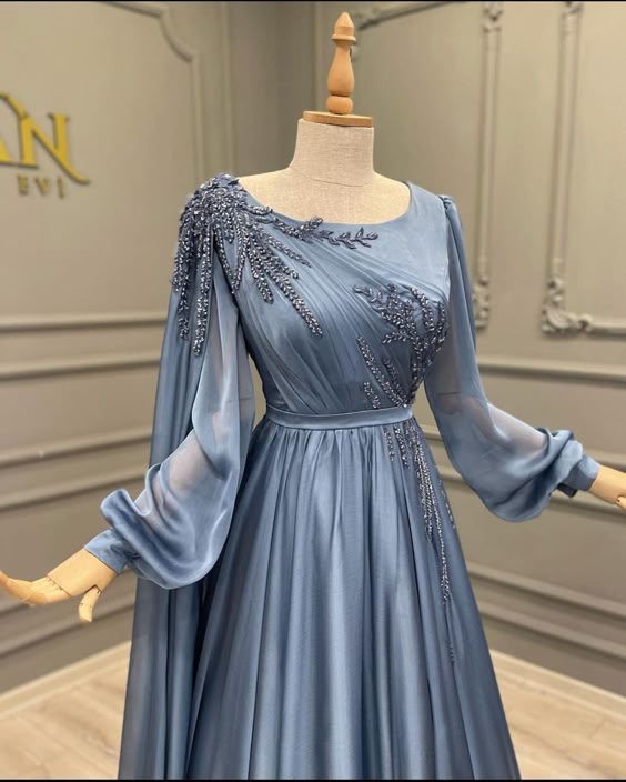 Elegant Blue Chiffon Gown with Embellished Sleeves Evening Dress fg6652 - VelvetHem