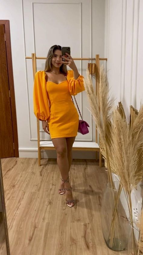 Women Fashion Elegant Orange dress Puff Sleeve Homecoming Dresses fg6323 - VelvetHem