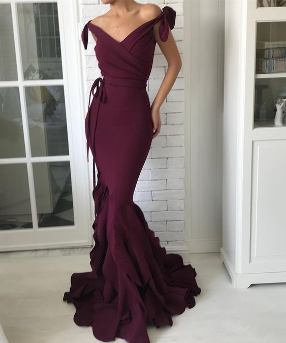 V-Neck Off Shoulder Evening Gown with Elegant Bow Tie at Waist fg6329 - VelvetHem