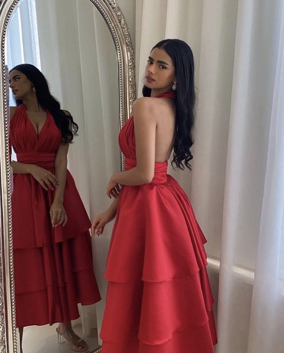 Elegant Short Satin Halter Evening Dresses Muslim Backless A-Line Red Dress Formal Dress Pleated Tea Length Gowns fg6308 - VelvetHem