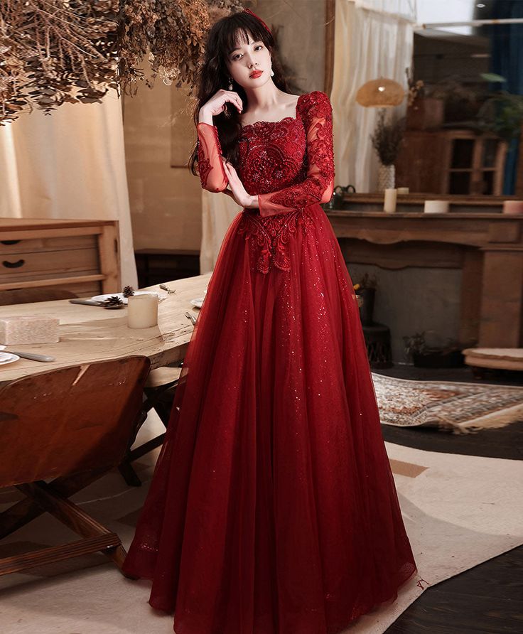 Burgundy Aline Lace Long Prom Dress, Burgundy Tulle Formal Graduation Dress - VelvetHem