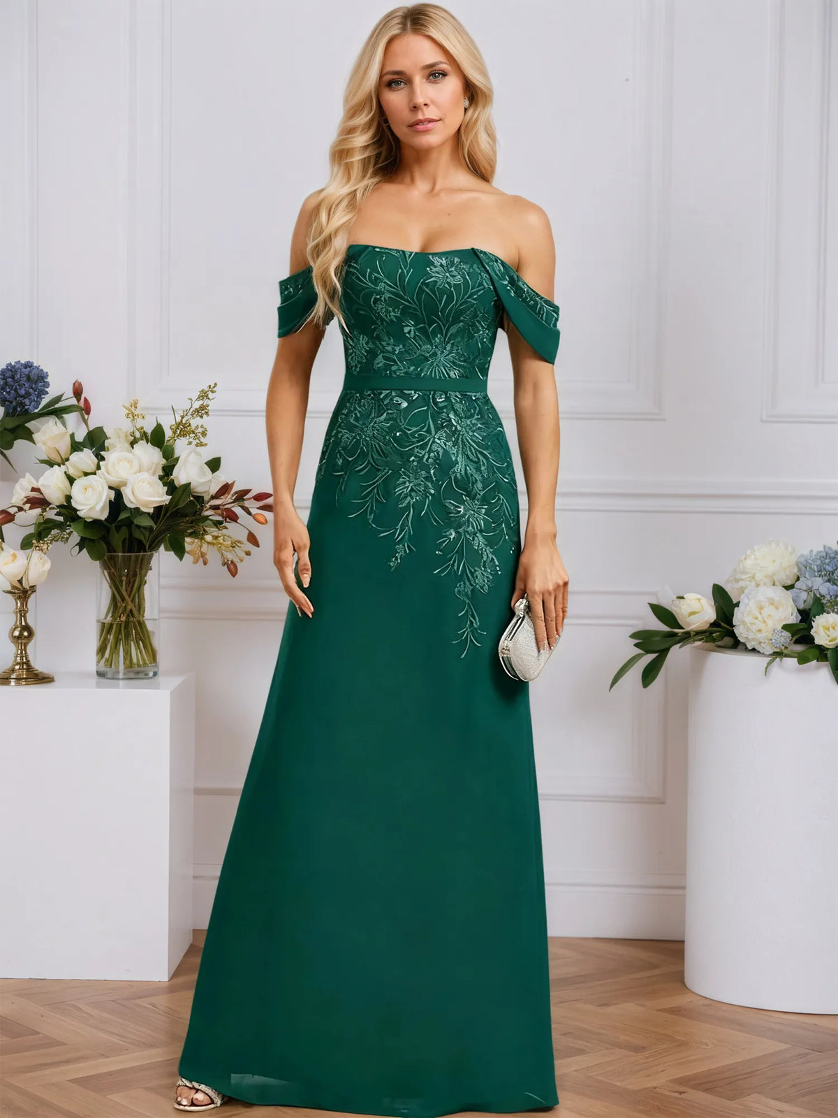 Sheath/Column Off the Shoulder Floor-Length Lace Chiffon Evening Dress With Sequins - VelvetHem