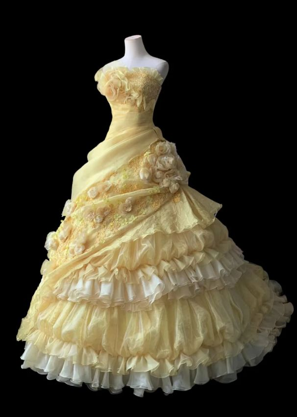 Yellow Pleated Layered Puff Sweet 15 Ball Gown Pleated Wedding Dress - VelvetHem