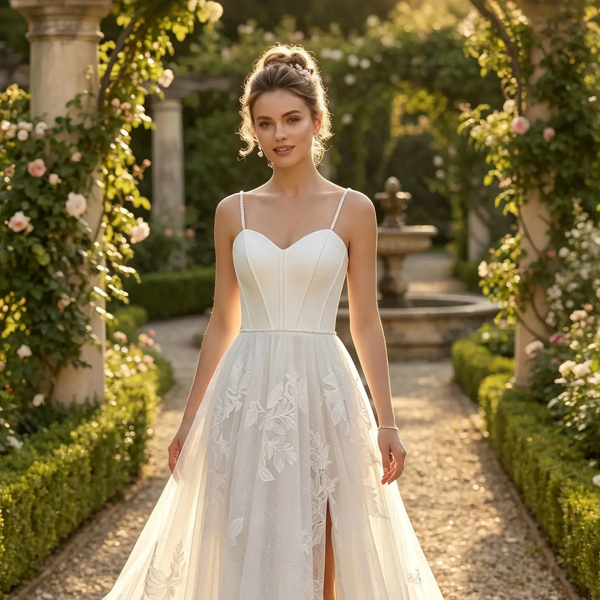 Elegant White Spaghetti Strap Satin Bodice Lace Tulle Wedding Dress with Train ZP065