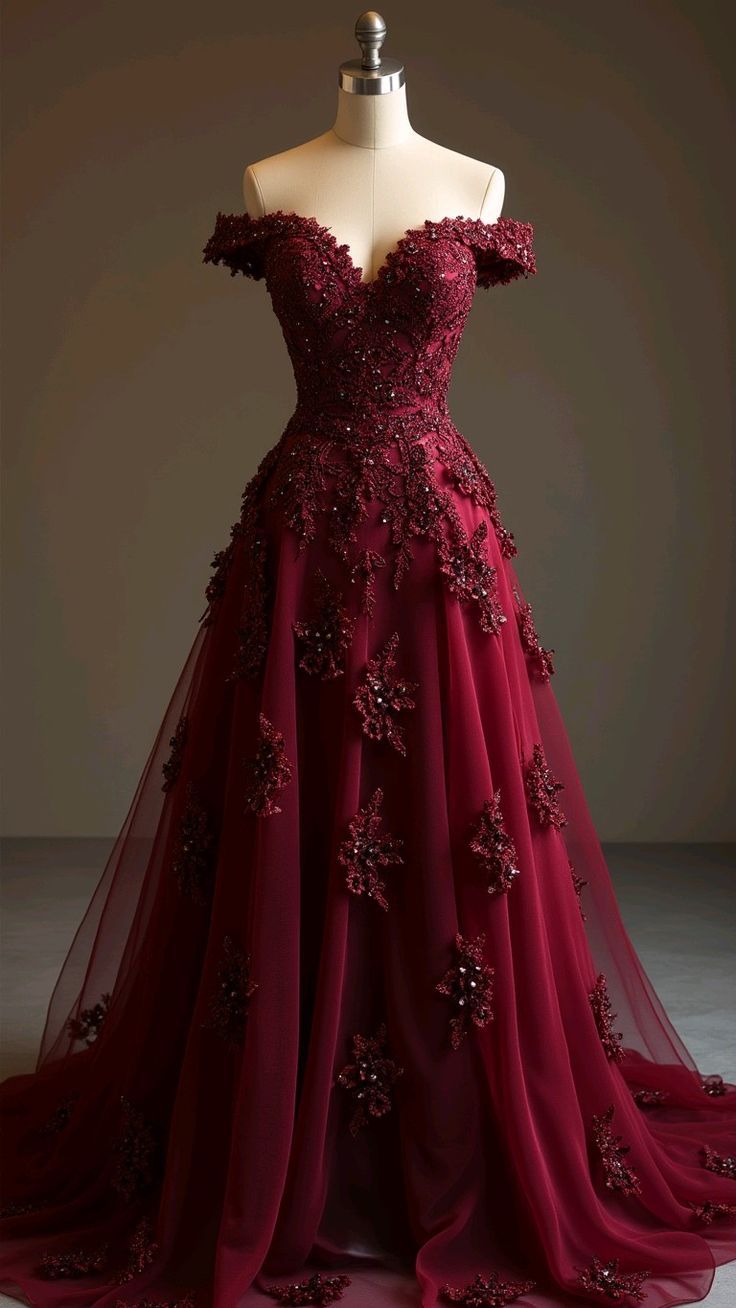 A Line Burgundy Tulle Lace Long Off Shoulder Prom Dress Evening Dresses - VelvetHem
