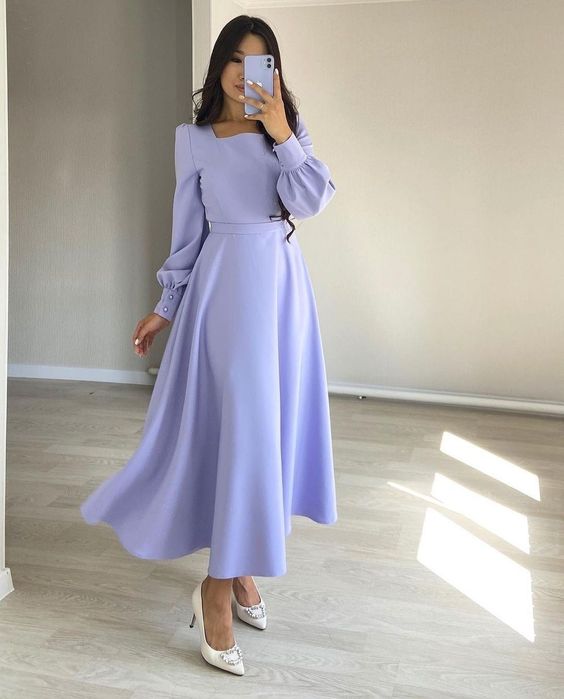 Evening Dresses Women Long Sleeve Square Neck Modest Ankle Length Formal Gowns - View 2 | VelvetHem
