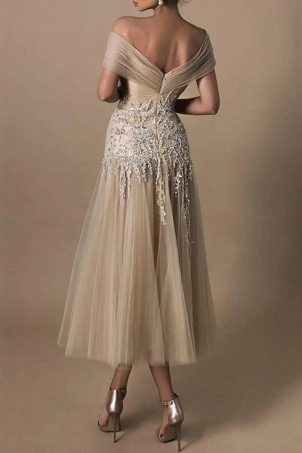 Elegant Lace Appliques Women's Prom Dress Fashion Off Shoulder A-line Princess Sleeveless Dress - View 2 | VelvetHem