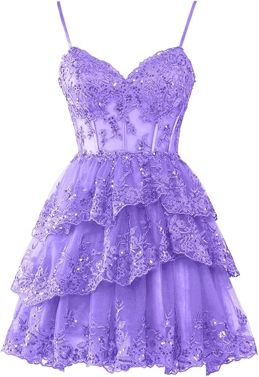 Purple Homecoming Dresses for Teens Tulle Lace Applique Tiered A-line Formal Short Mini Prom Dress fg6212 - VelvetHem