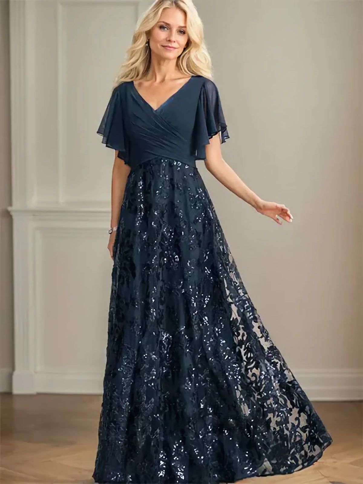 A-line V-Neck Floor-Length Lace Sequin Chiffon Mother of the Bride Dress With Pleated - VelvetHem