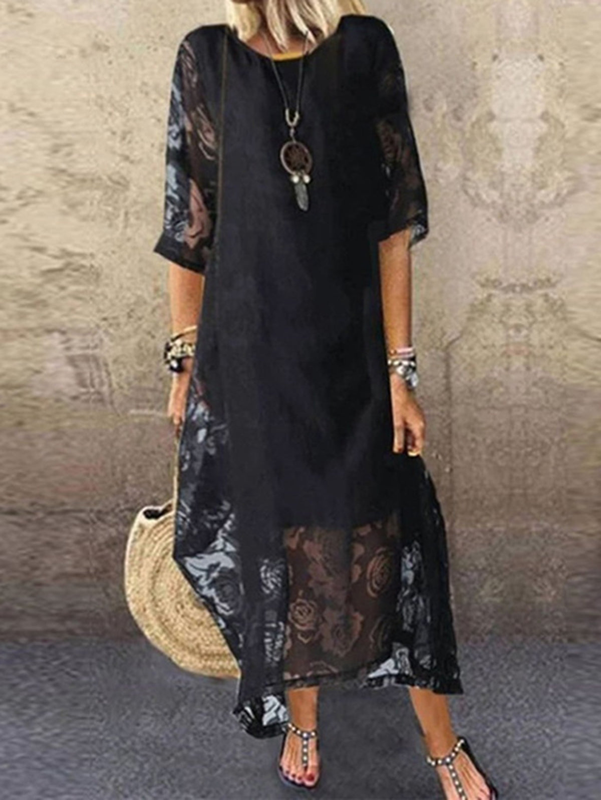 White Crew Neck Lace Splicing Maxi Dress Half Sleeve - Omychic