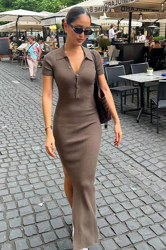 Elegant Lapel Short Sleeve Split Hem Sweater Dress - VelvetHem