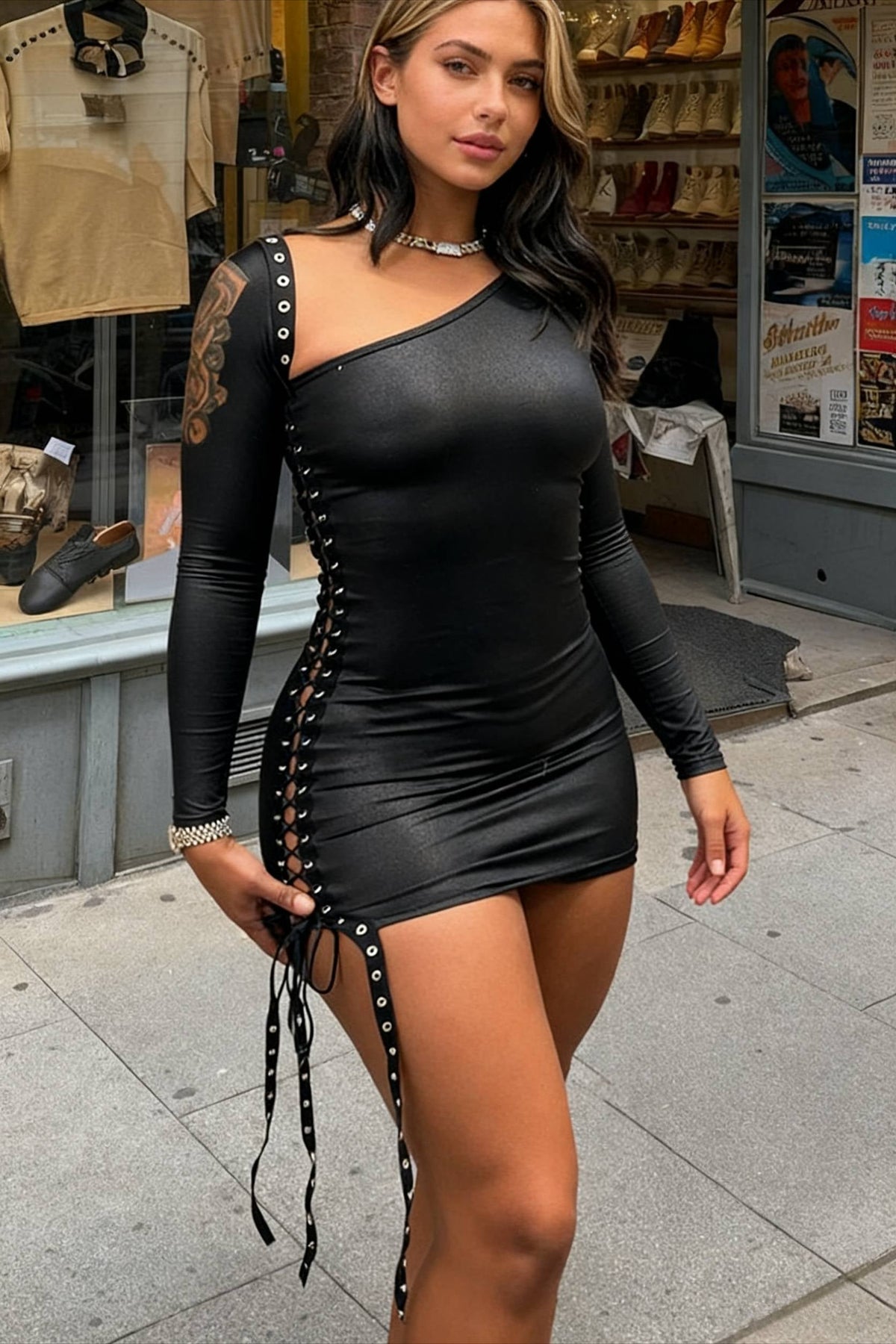 Bandage Hollow One Sleeve Bodycon Mini Dress - VelvetHem