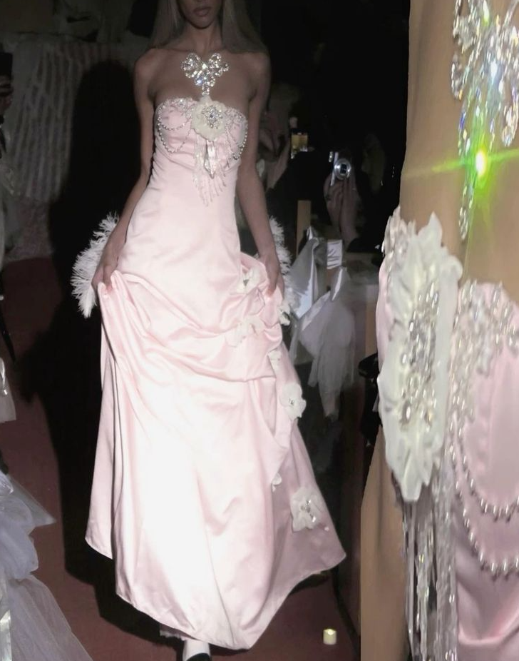 Pink Strapless Satin Long Prom Dresses Evening Dress With Flowers fg7076 - View 2 | VelvetHem