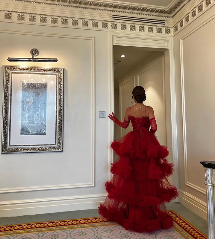 Red Ruffled Tiered Tulle Ball Gown Sweetheart Spaghetti Straps Ruffled A-Line Evening Gown fg7074 - View 2 | VelvetHem