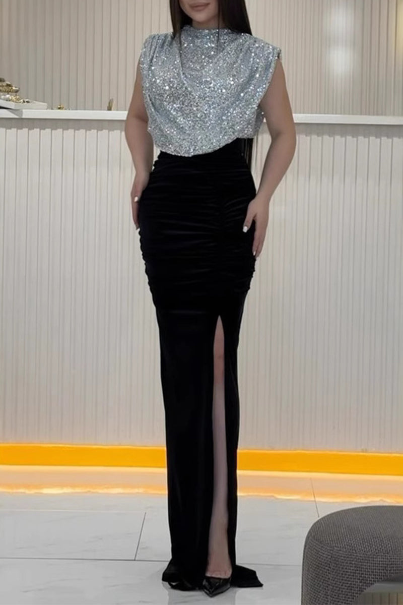 Sexy Prom Sequins Slit Sequined Half A Turtleneck Evening Dresses(3 Colors) - VelvetHem