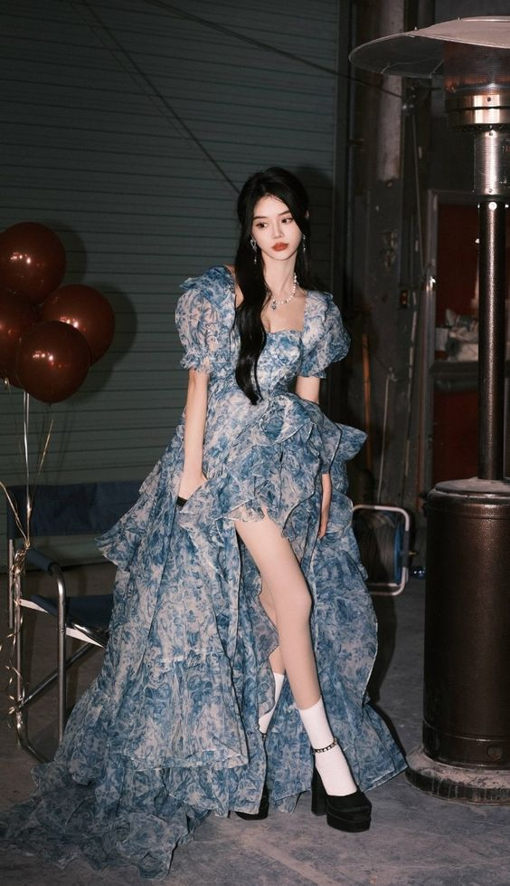 Beautiful High Low Blue Chiffon Floral Prom Dress Fairy Long Evening Dress - VelvetHem