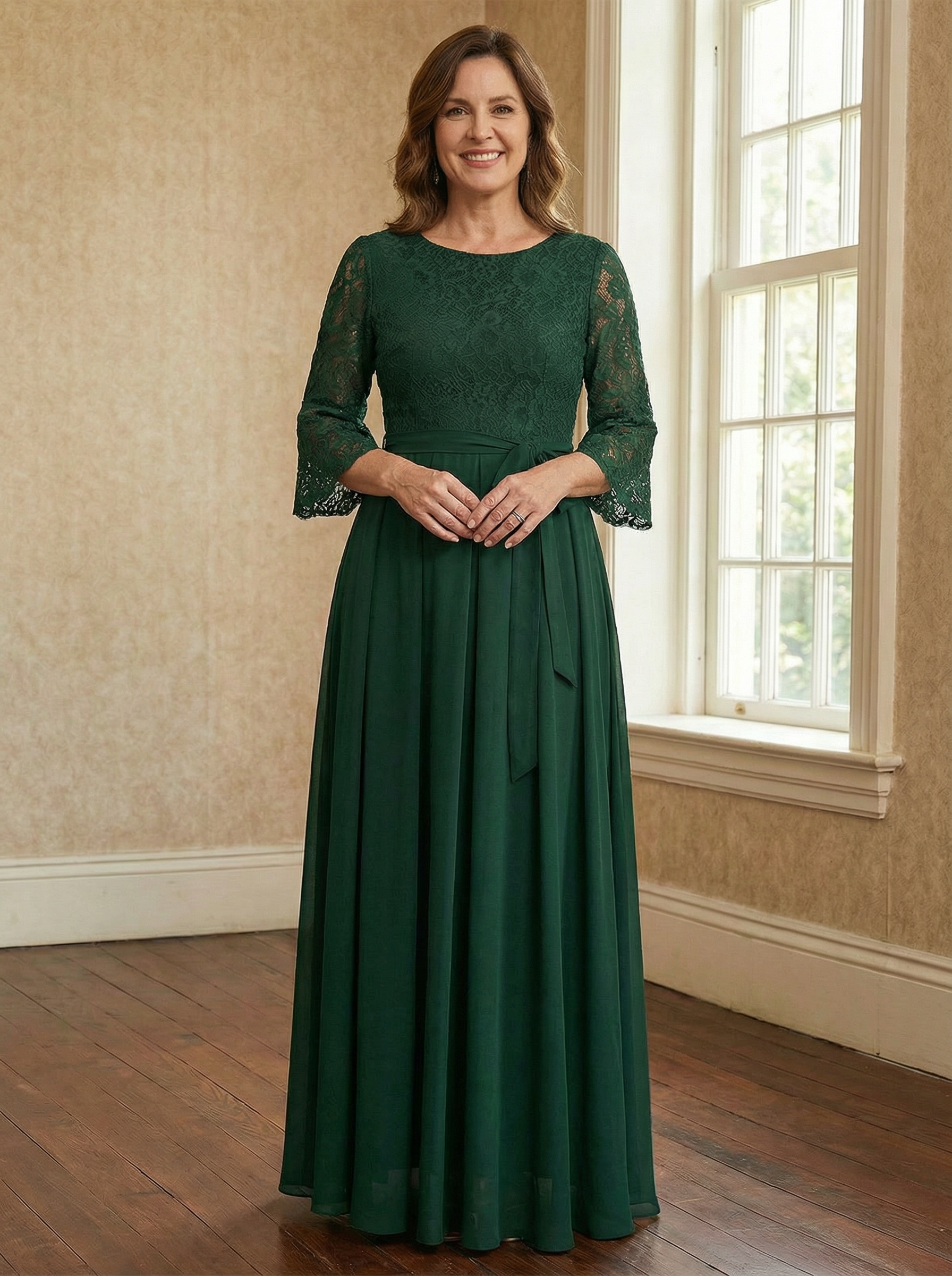 A-line Scoop Ankle-Length Lace Chiffon Mother of the Bride Dress With Bow - VelvetHem