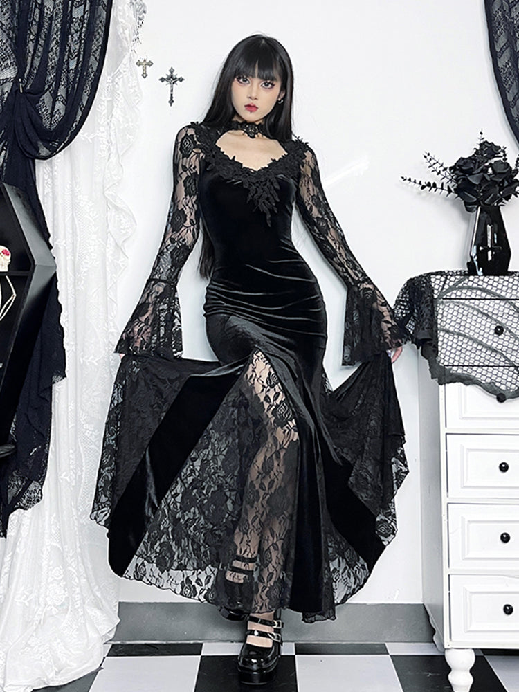 Gothic Long Sleeve Lace Ruched Fishtail Bodycon Mermaid Cocktail Maxi Dress - VelvetHem