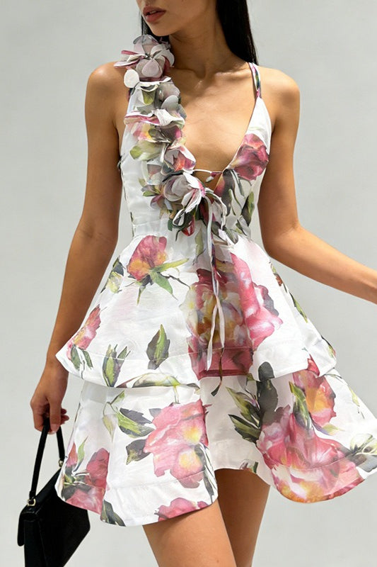 Corset Deep V Tiered 3D Floral Dress