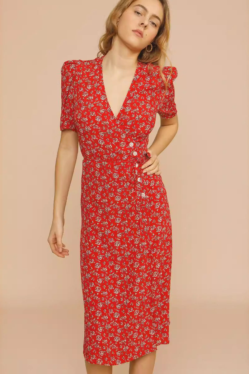 Elegant Vintage Print Midi Floral Dress - VelvetHem