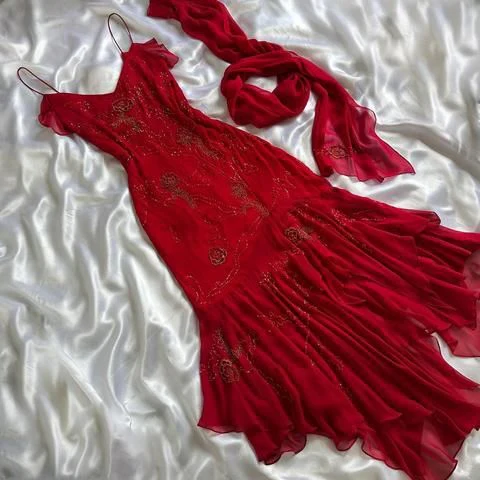 Red Chiffon Beaded Long Prom Dress Mermaid Evening Dress