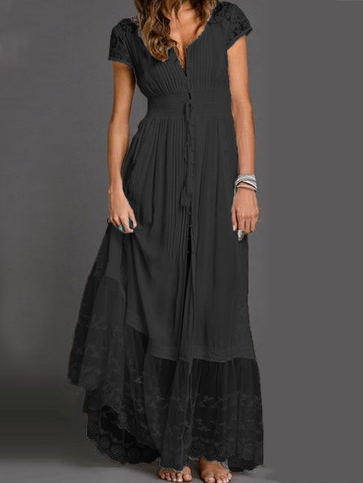 Lace Splicing Fringe Pleated Maxi Dress Short Sleeve - Omychic