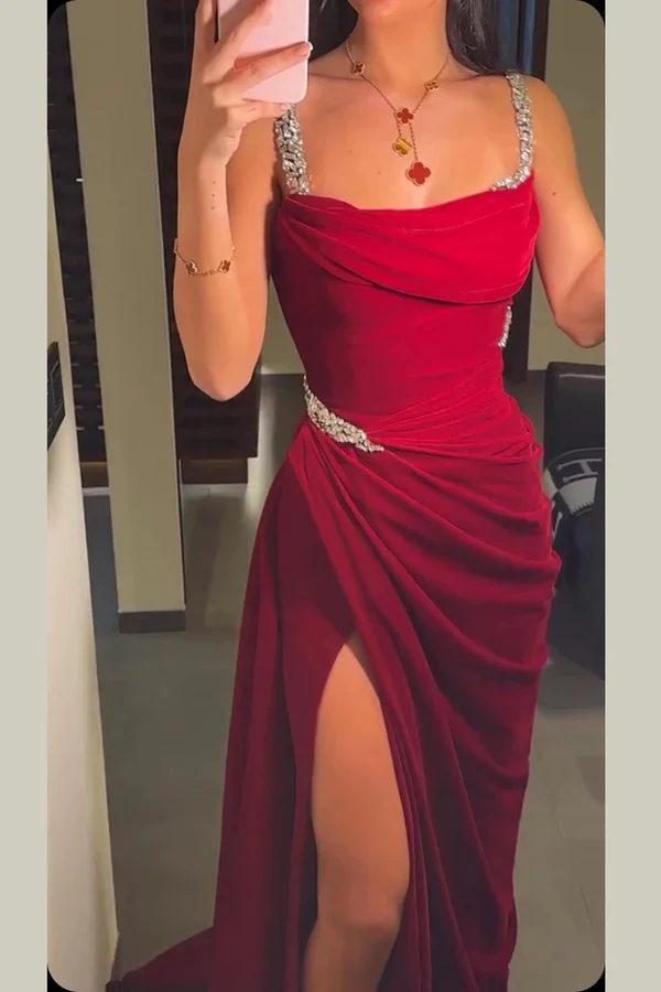 Vintage Burgundy Spaghetti Straps Beaded Mermaid Formal Evening Dress Prom Dress Y7688 - VelvetHem