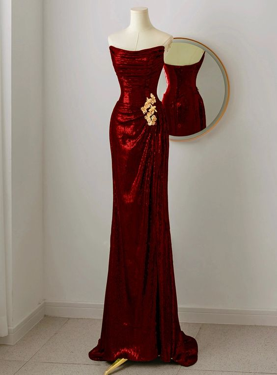 Charming Sequins Burgundy Strapless Long Evening Dress Mermaid Party Dress Prom Dress - VelvetHem
