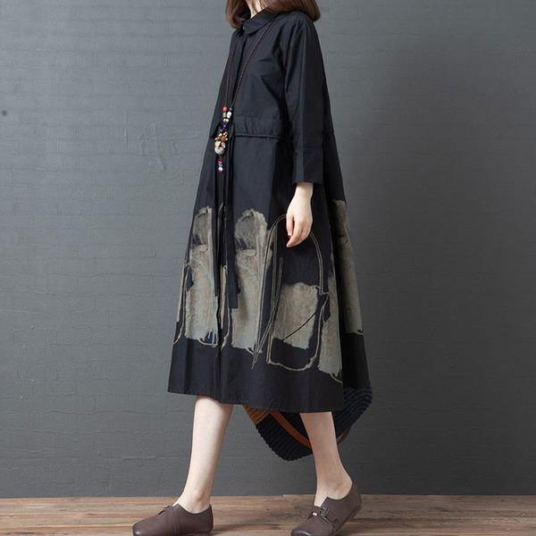 New Arrival 2021 Autumn Arts Style Vintage Print Turn-down Collar Loose Female Cotton Shirt Dress