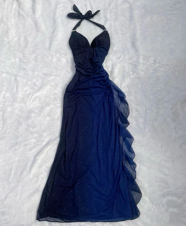Sexy Halter Ombre Navy Blue V Neck Chiffon Long Prom Dress Party Evening Gown Y7486 - VelvetHem