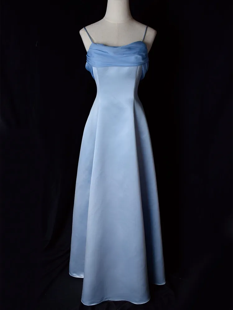 Elegant Blue Spaghetti Straps Long Party Dress A Line Prom Dress - VelvetHem