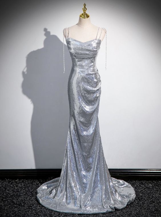 Charming Silver Mermaid Sequins Spaghetti Straps Pleated Prom Dress Long Party Dress - VelvetHem