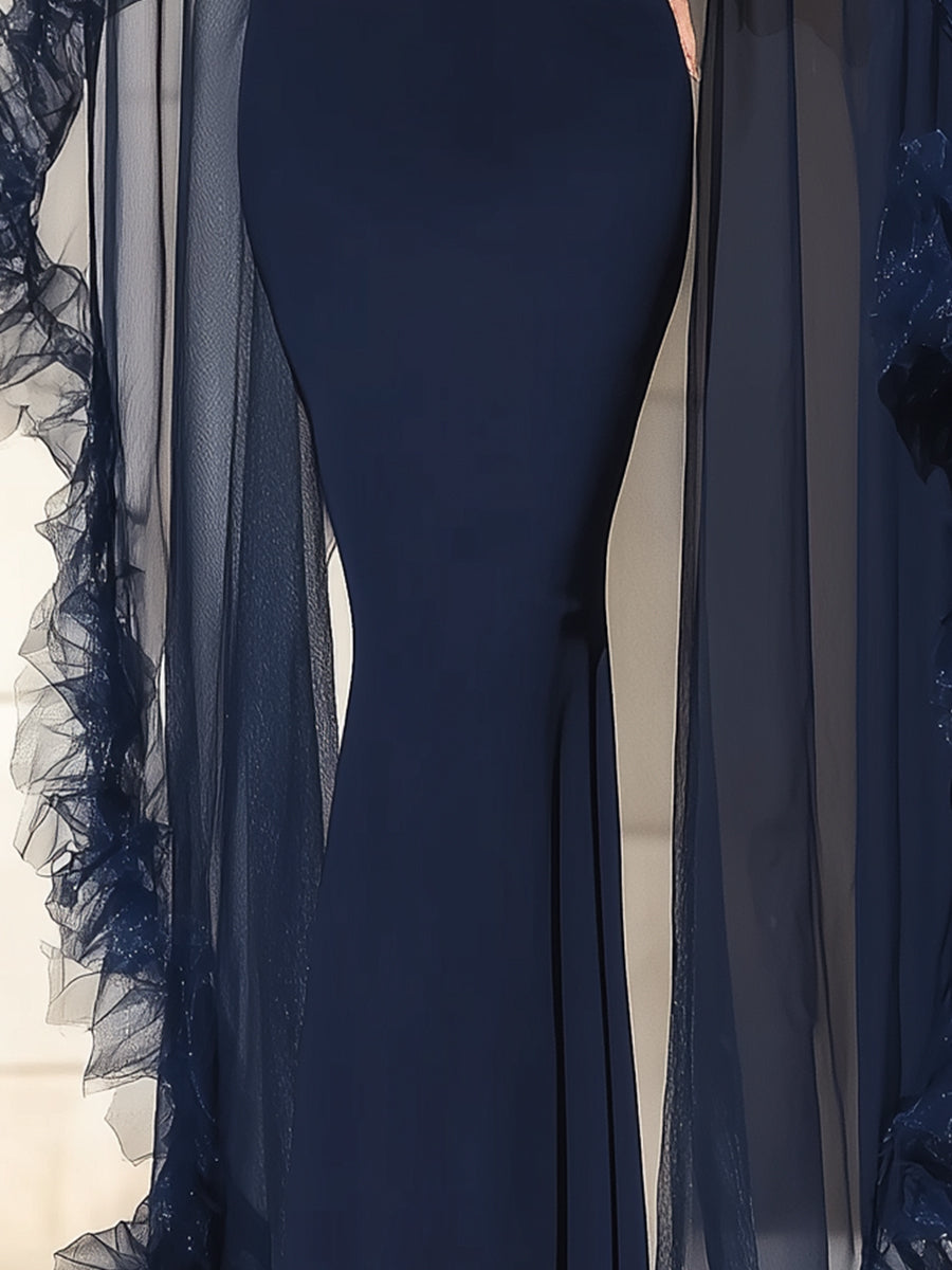 Midnight Elegance Ruffled Sheer Cape Gown