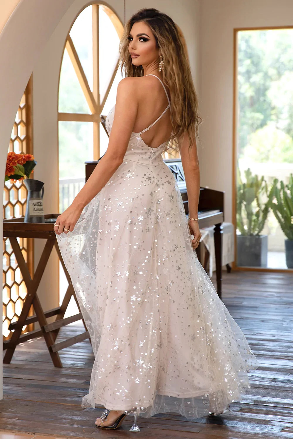 Classic A Line Spaghetti Straps Light Champagne Long Prom Dress with Bling - View 2 | VelvetHem