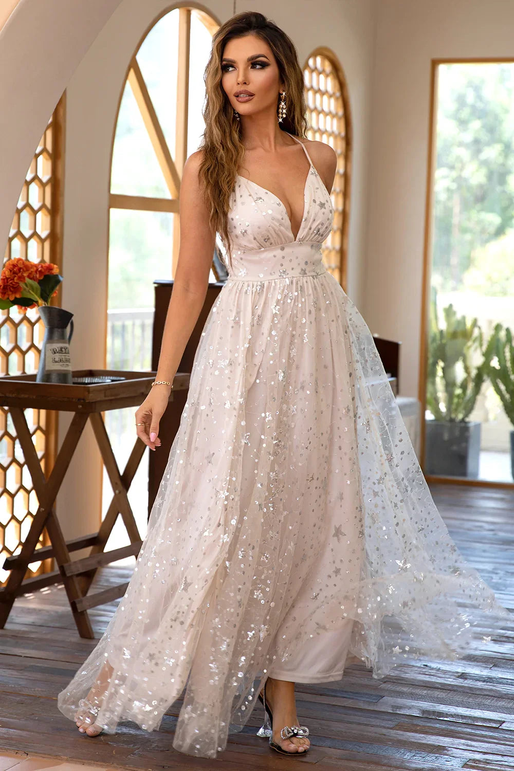 Classic A Line Spaghetti Straps Light Champagne Long Prom Dress with Bling - View 4 | VelvetHem