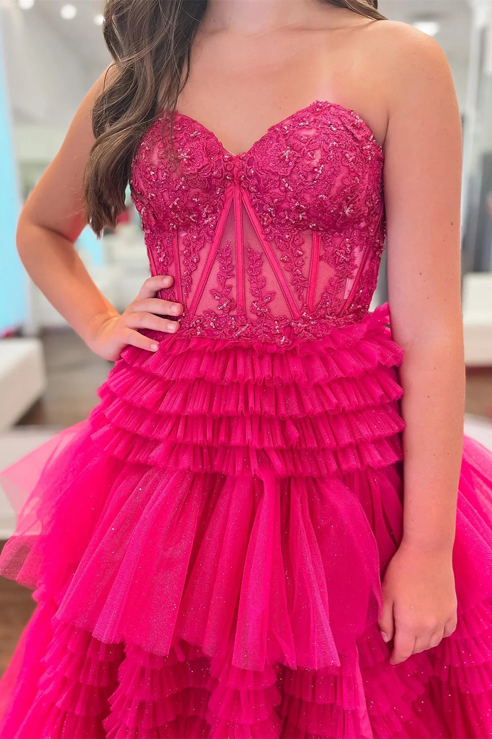 Princess A Line Sweetheart Fuchsia Corset Prom Dress with Appliques Ruffles
