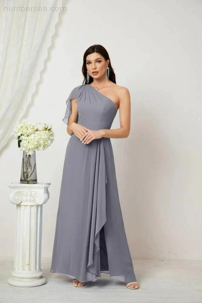 ZapDress Chiffon Ruffled One Shoulder Long Bridesmaid Dresses A-line Formal Evening Gown Side Split 2809 (ZD17049)