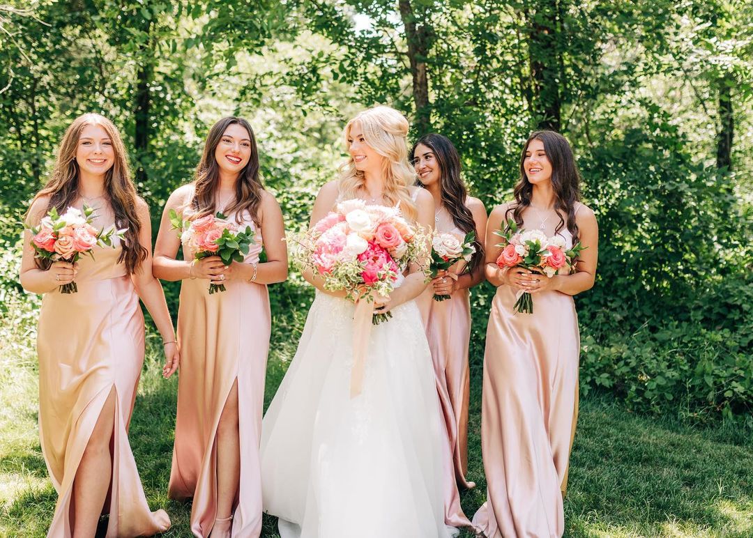 Beautiful A Line Spaghetti Straps Blush Long Bridesmaid Dress with Split Front - View 3 | VelvetHem
