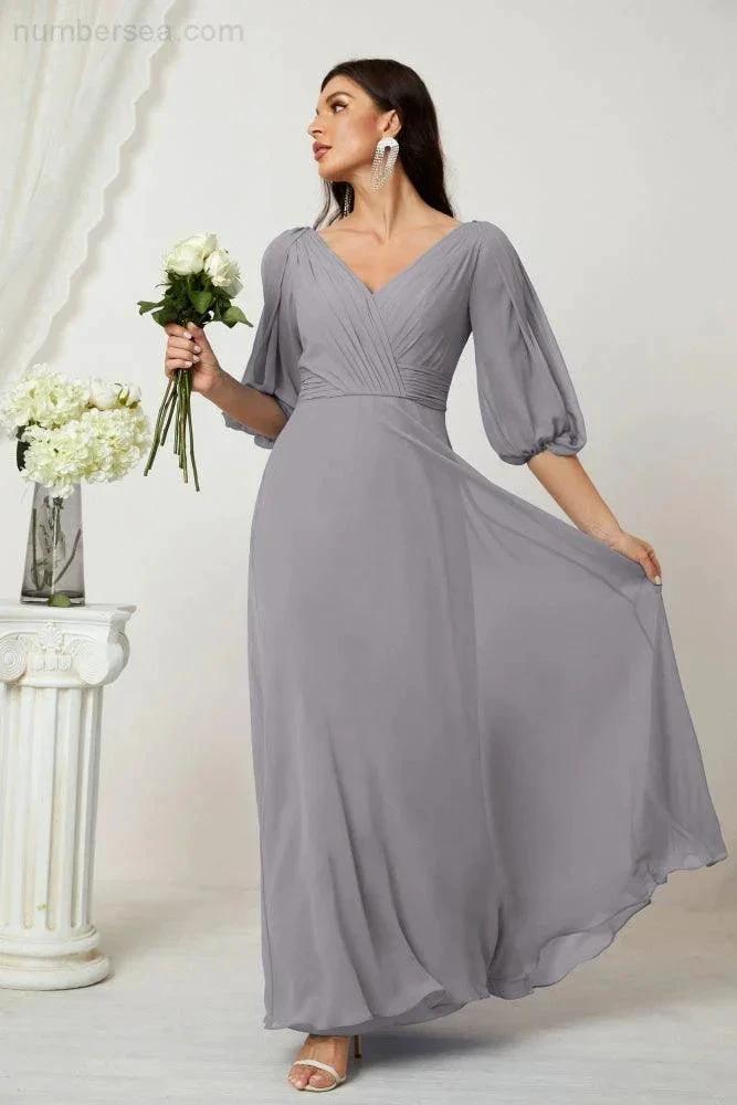 ZapDress Formal Prom Gown Women V-Neck Chiffon Bridesmaid Dresses Long Bishop Sleeve Party Dress 2807 (ZD17027)