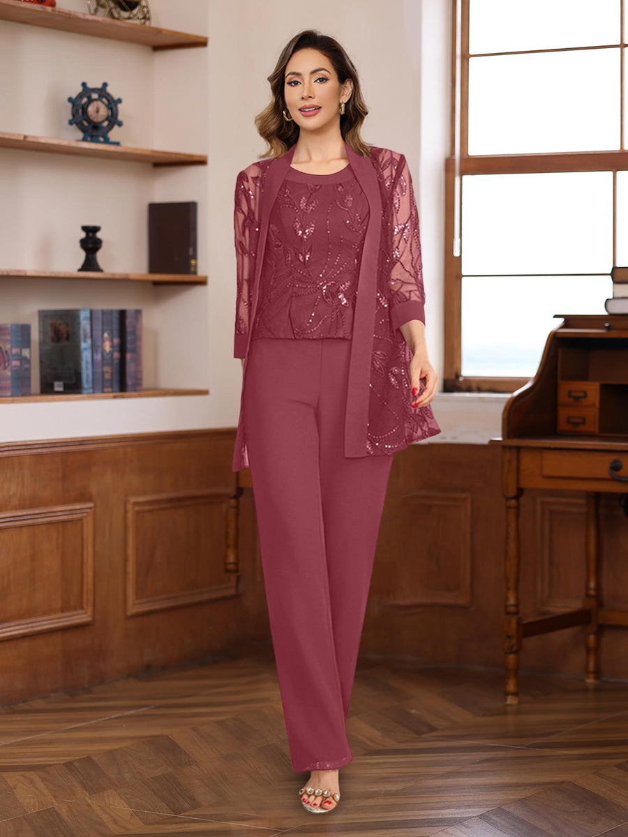 3 Piece Long Chiffon Pantsuits with Sequins for the Mother of the Bride