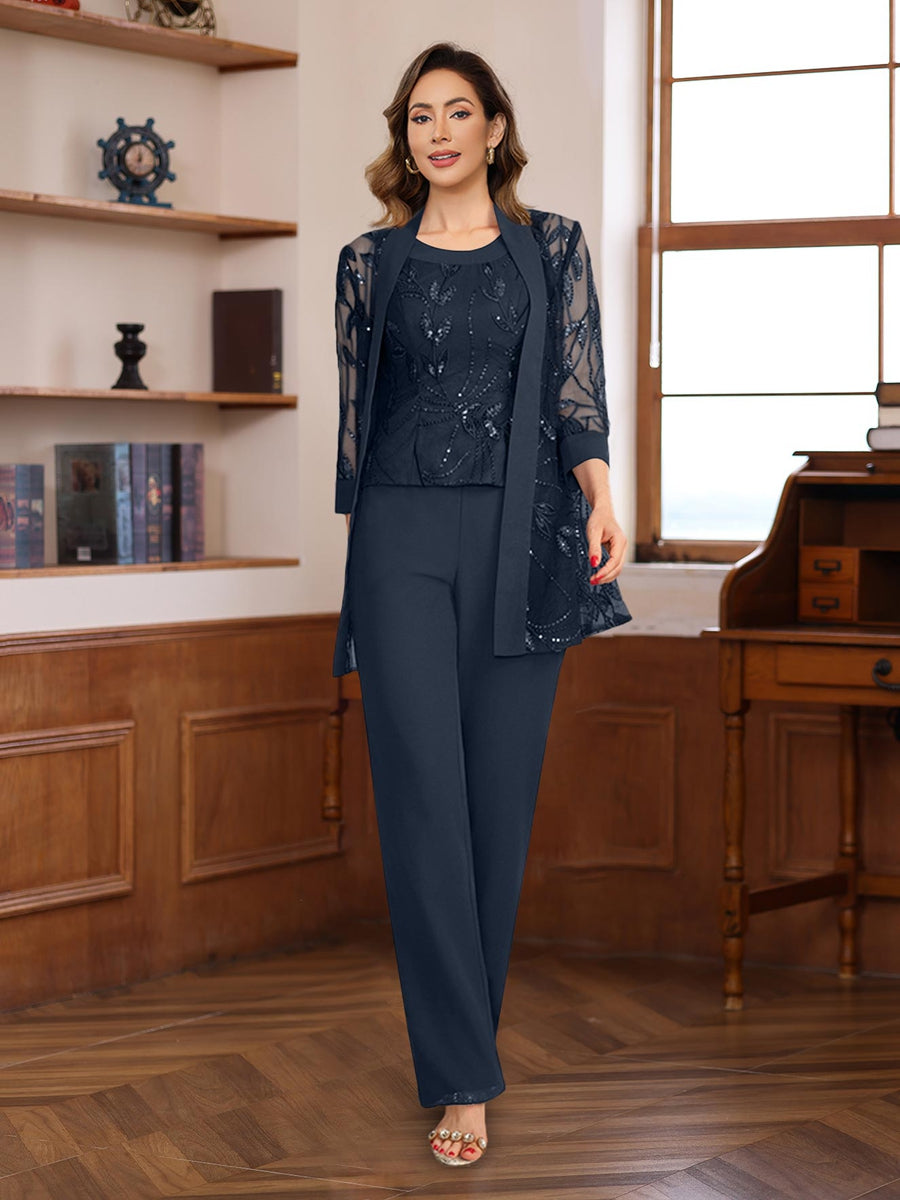 3 Piece Long Chiffon Pantsuits with Sequins for the Mother of the Bride